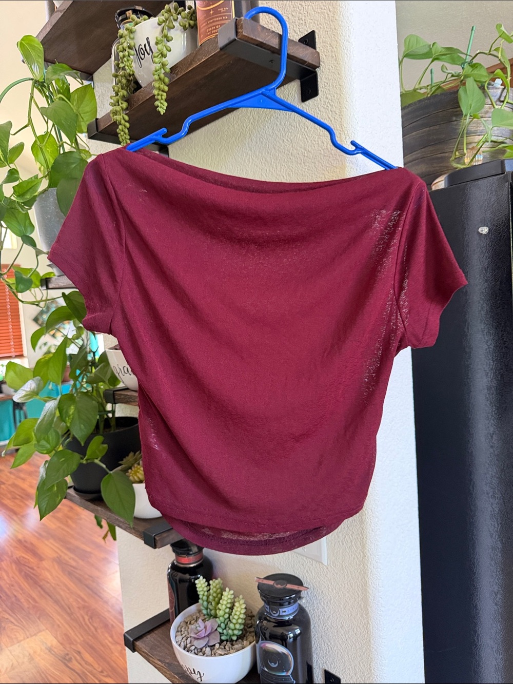 Women's Off-Shoulder Short Sleeve Sheer Top - Burgundy